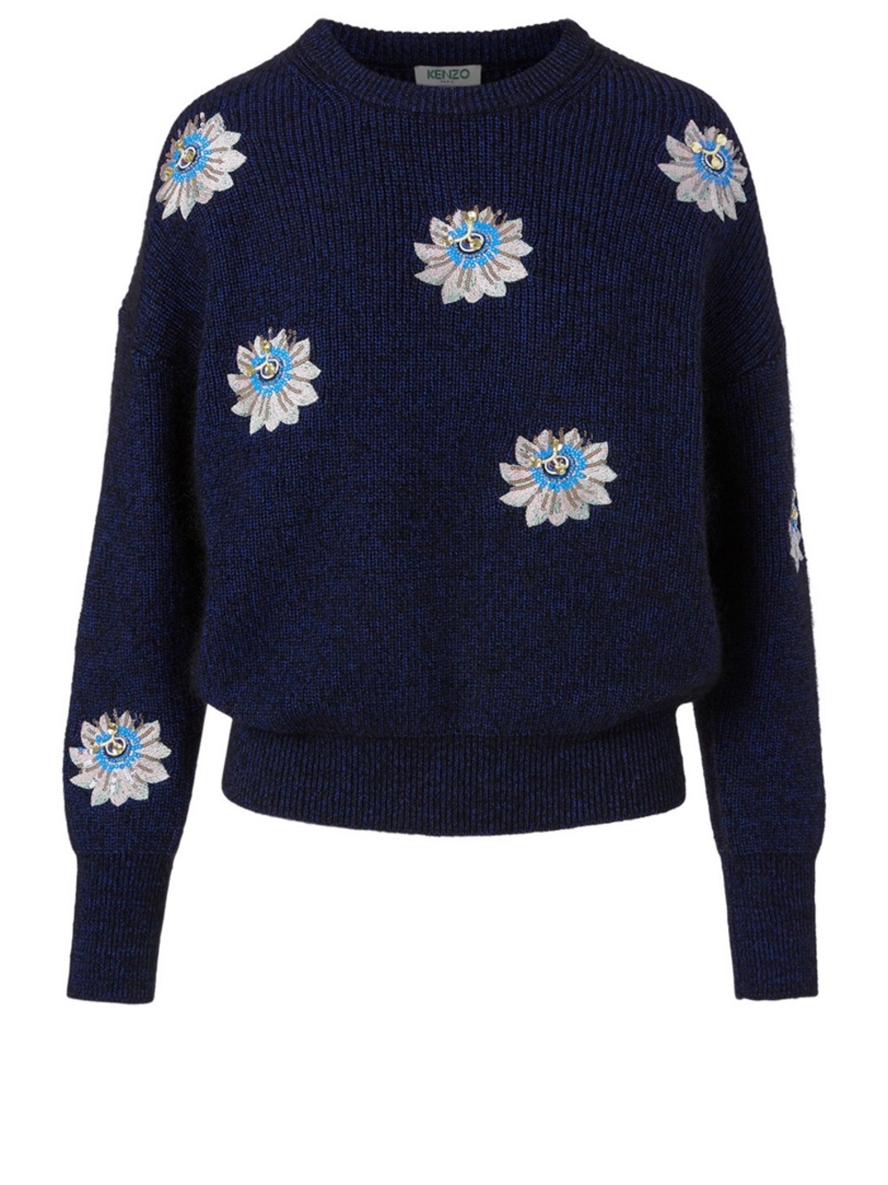 Kenzo Navy Crewneck Sweater with Floral Embroidery